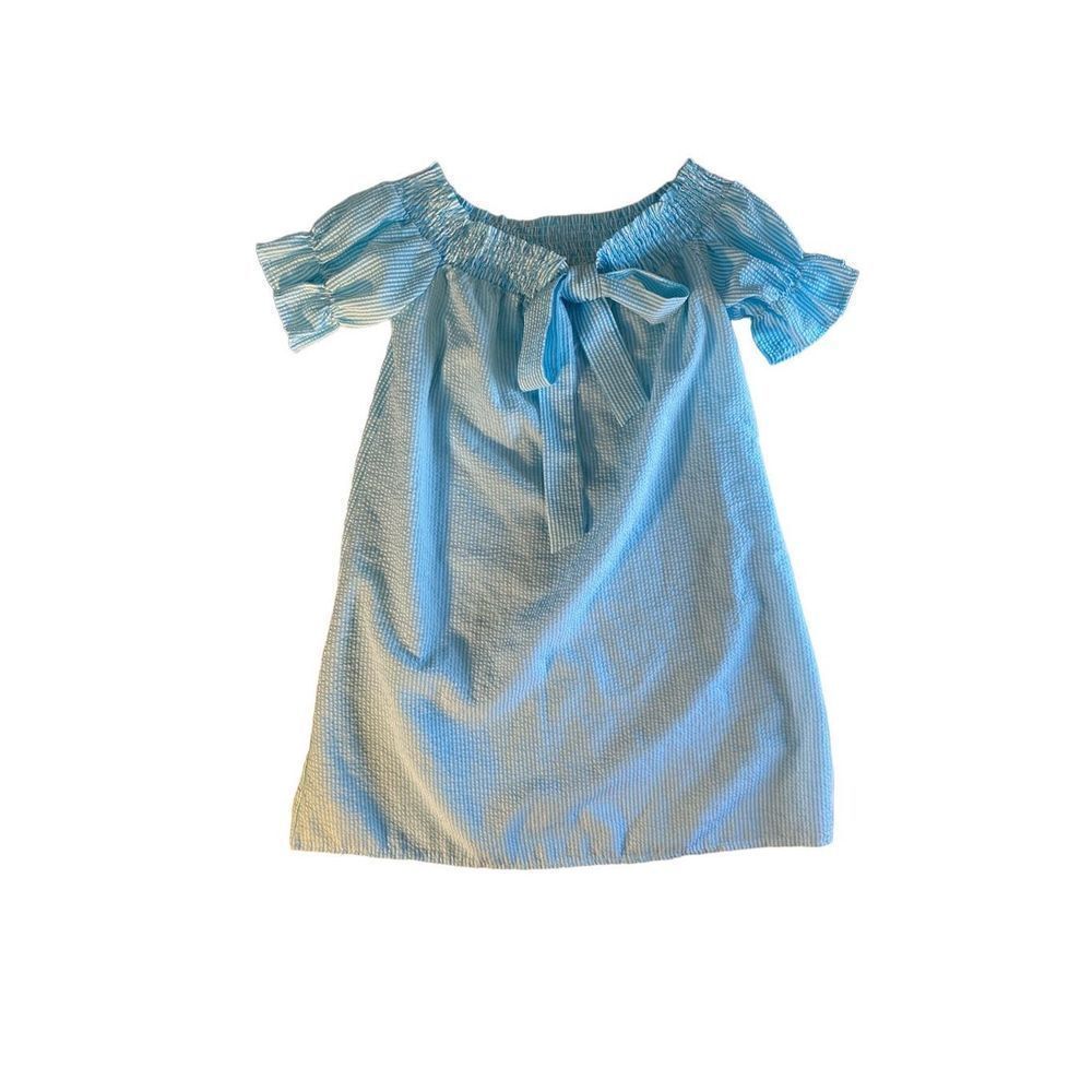Cristina women’s seersucker blue and white striped off shoulder dress size smal